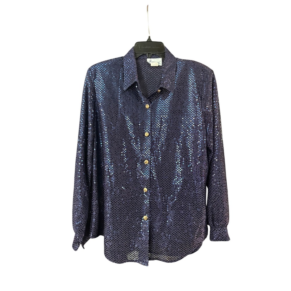 Joanna Vintage Navy Blue Sequin Button Down Blouse Gold Buttons Medium USA Made